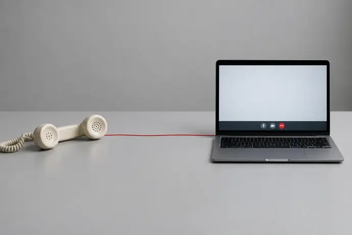 A corded telephone handset and a laptop screen connected by a single crimson line on a neutral desk
