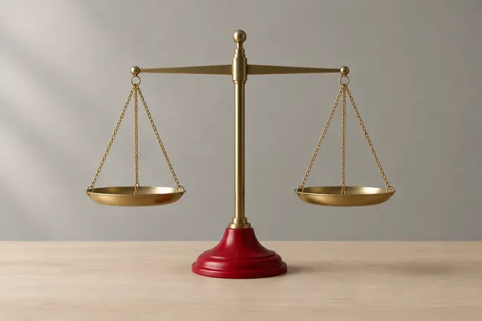 A brass balance scale with two level, empty pans on a crimson base