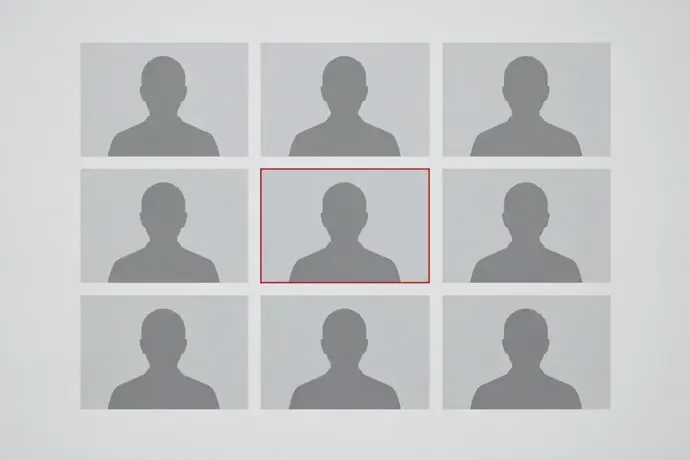 Grid of nine identical grey video call panels with anonymous silhouette figures, one panel outlined in crimson