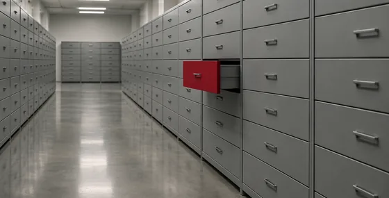 Rows of plain grey archive drawers with one crimson drawer slightly open