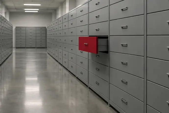 Rows of plain grey archive drawers with one crimson drawer slightly open