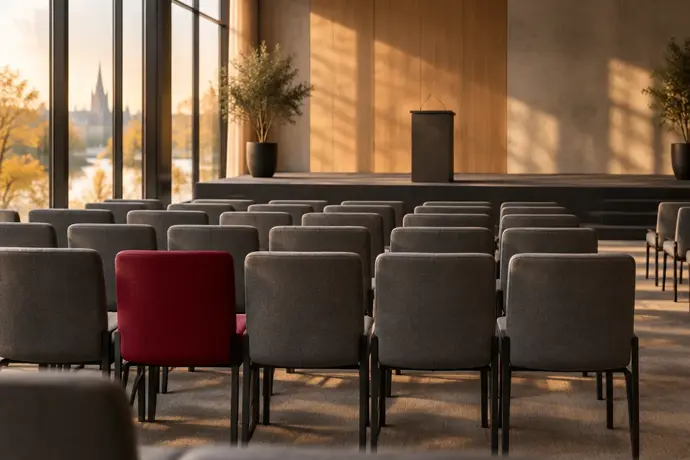 Empty conference hall with rows of grey chairs and one crimson chair held in the front row