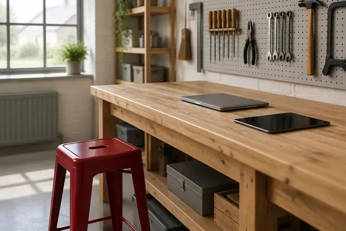 Small business workshop bench with a closed laptop, a tablet and a crimson stool, ready for an AI pilot