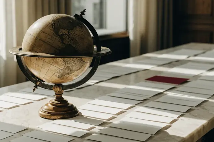 An antique globe on a planning table covered with rows of blank cards, one card crimson