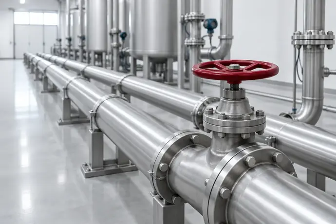 Parallel steel pipes joining at a crimson valve in a clean facility, standing for data lineage