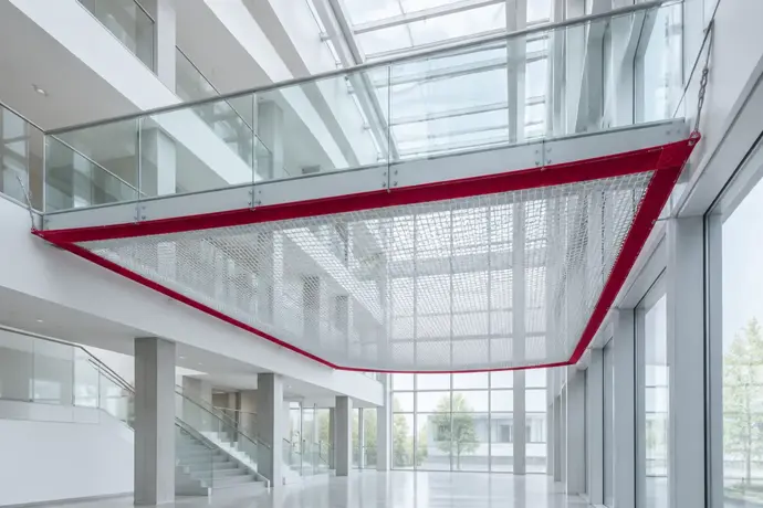 A safety net with a crimson edge stretched beneath a glass walkway in a bright atrium