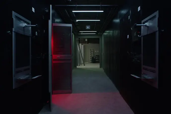 A server room corridor with one rack door open and a crimson red light