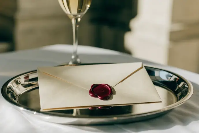 A cream envelope with a crimson wax seal on a silver tray