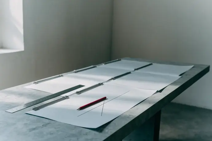A drafting table with blank blueprint sheets, a steel ruler and a crimson pencil