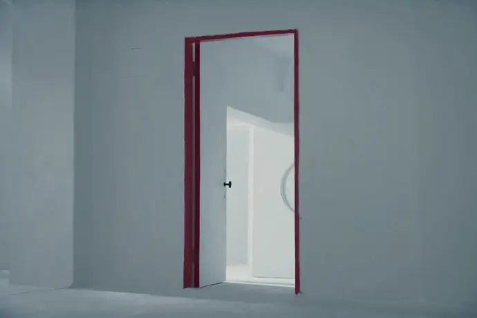 An open doorway with a crimson red frame in a minimal white space
