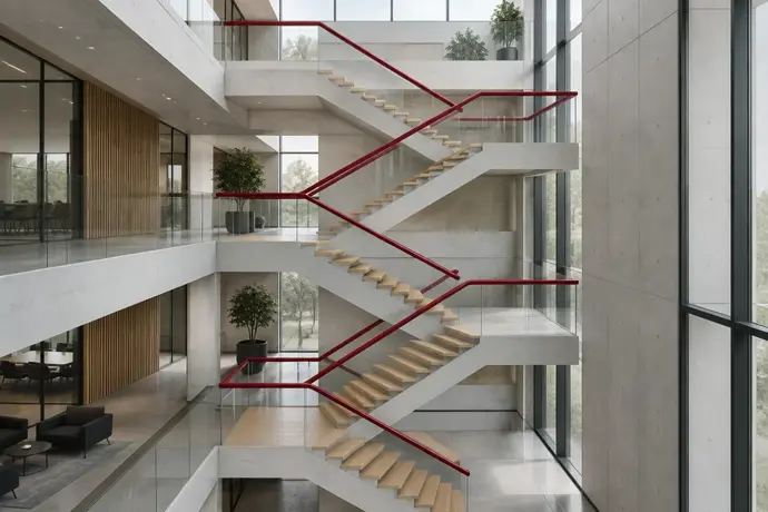 Modern office staircase rising through four landings with a continuous crimson handrail