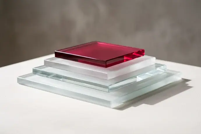 Four stacked glass plates of decreasing size, the smallest in crimson