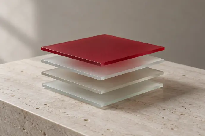 Four stacked glass panes on a stone table, the top pane crimson, standing for four governance layers