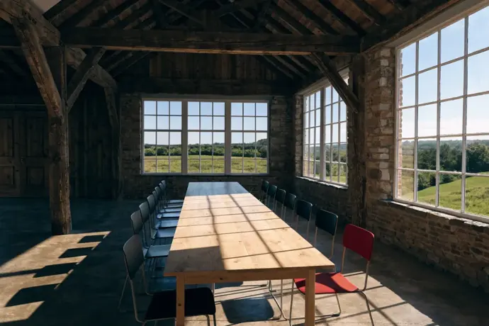 An empty converted barn meeting room with a long wooden table and one crimson red chair