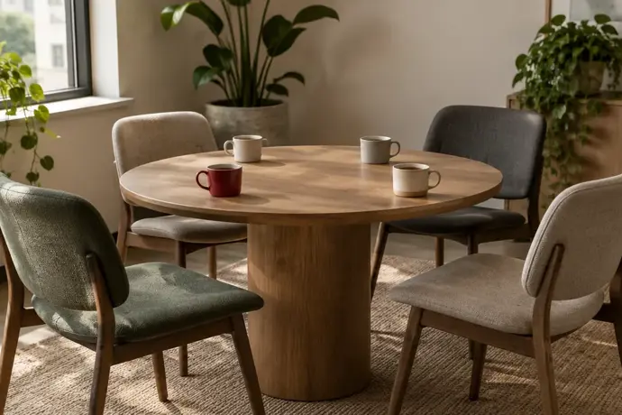 A round wooden meeting table with chairs pulled out and one crimson coffee cup