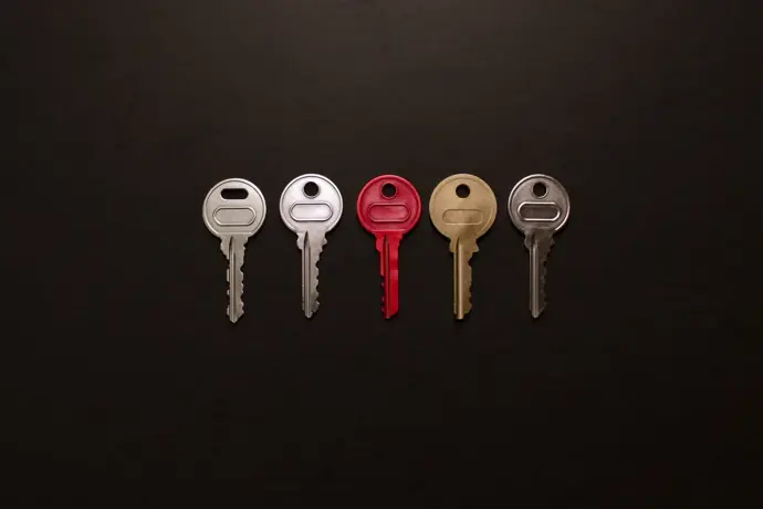 Five metal keys in a row on dark slate, one of them crimson red